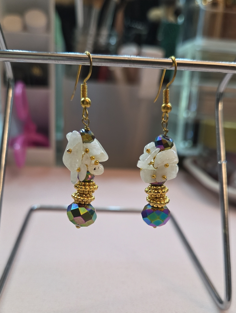 Gold-Tone White Bead Dangle Earrings with Iridescent Accent from Thailand
